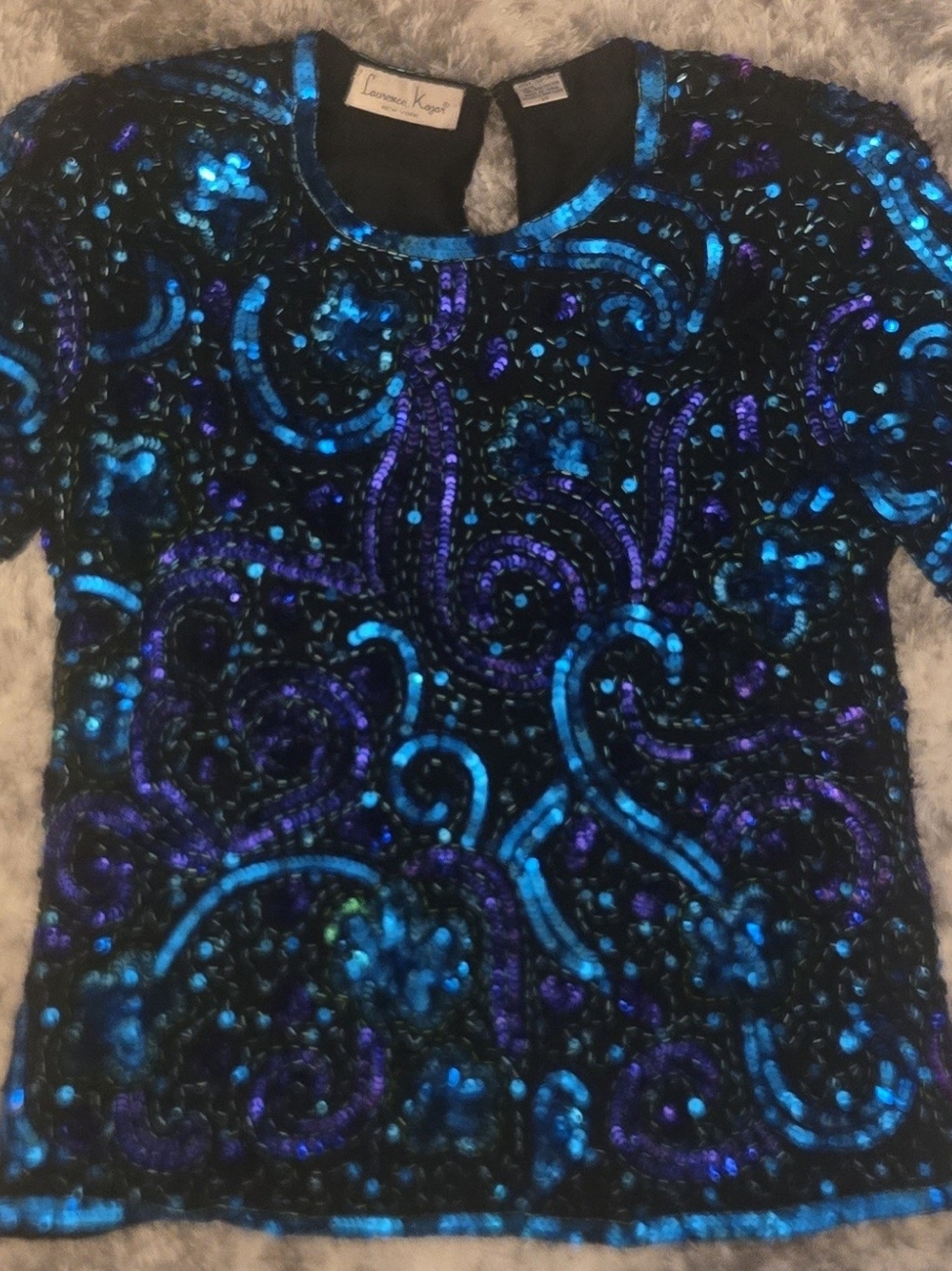 Women's Black Sequin Short Sleeve Top with Blue & Purple Accents